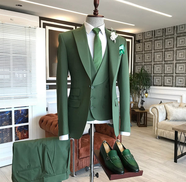 Green Three Piece Slim Fit Peaked Lapel Men's Suits-showprettydress