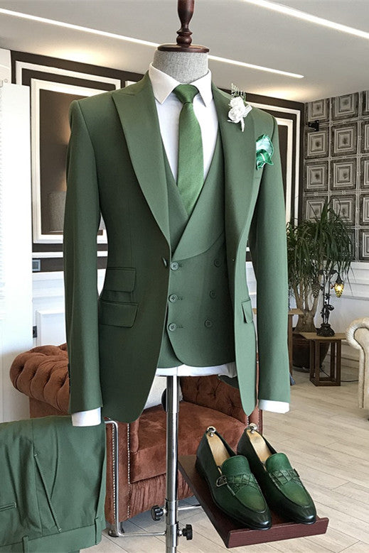 Green Three Piece Slim Fit Peaked Lapel Men's Suits-showprettydress
