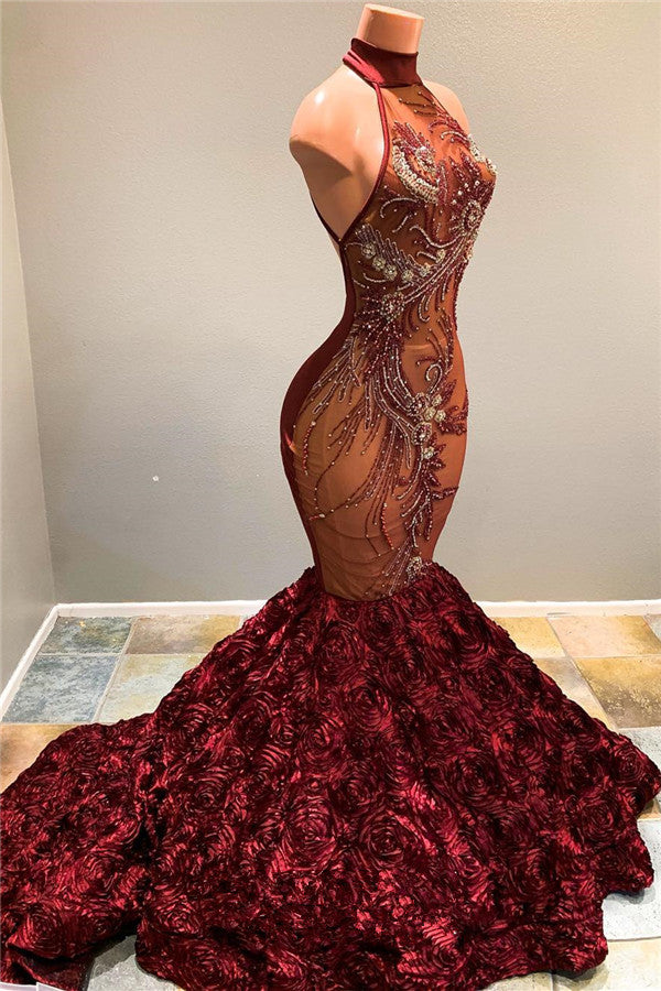 Halter Fit and Flare Flowers Maroon Prom Dresses Full Beads Sequins Luxurious Evening Dress-showprettydress