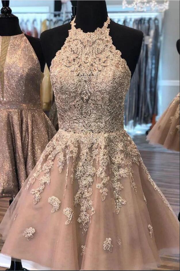 Halter Floral Appliques Mini Homecoming Dress Short Evening Prom Party Gowns-showprettydress