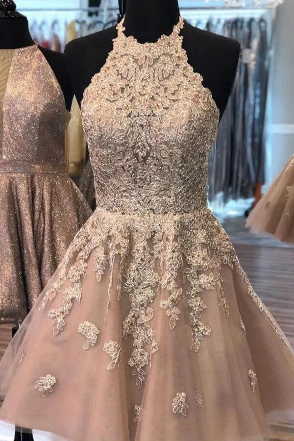 Halter Floral Appliques Mini Homecoming Dress Short Evening Prom Party Gowns-showprettydress