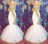 Halter Gold Beads Mermaid Prom Dresses Sleeveless White Evening Gown With Appliques-showprettydress