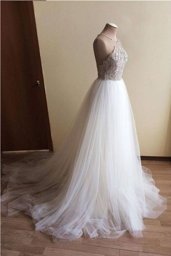 Halter Illusion neck High split A line Tulle Princess Wedding Dress-showprettydress