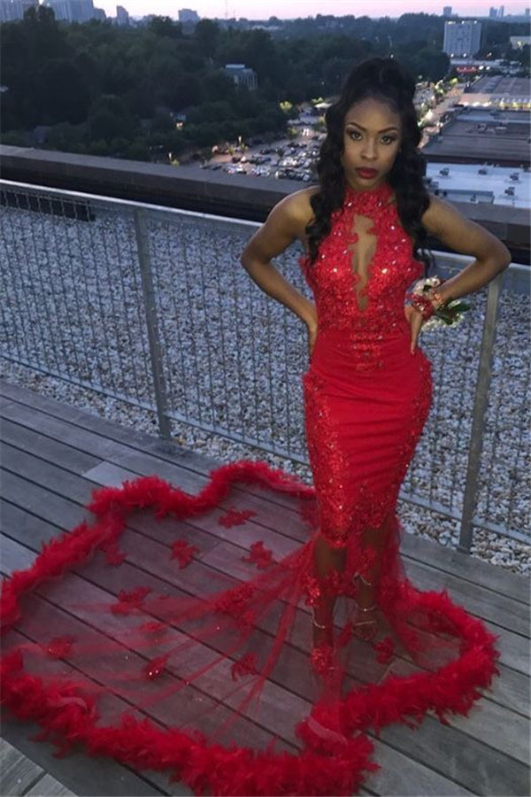Halter Keyhole Neckline Illusion Train Fur Trim Appliques Mermaid Prom Dresses-showprettydress