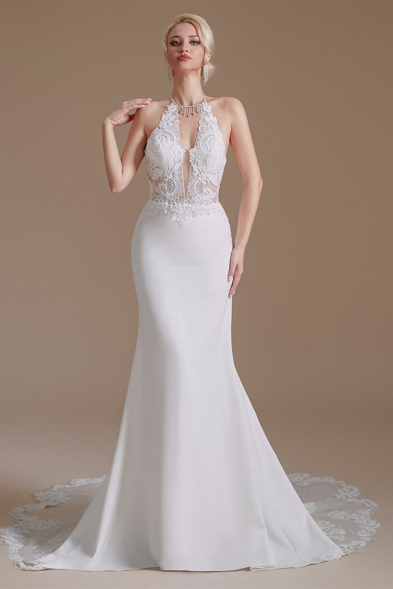 Halter Lace Applique Mermaid Wedding Dress | Showprettydress Design-showprettydress