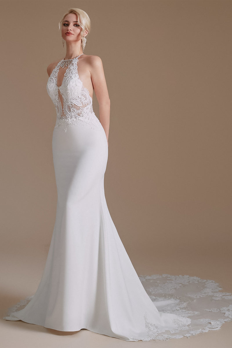 Halter Lace Applique Mermaid Wedding Dress | Showprettydress Design-showprettydress