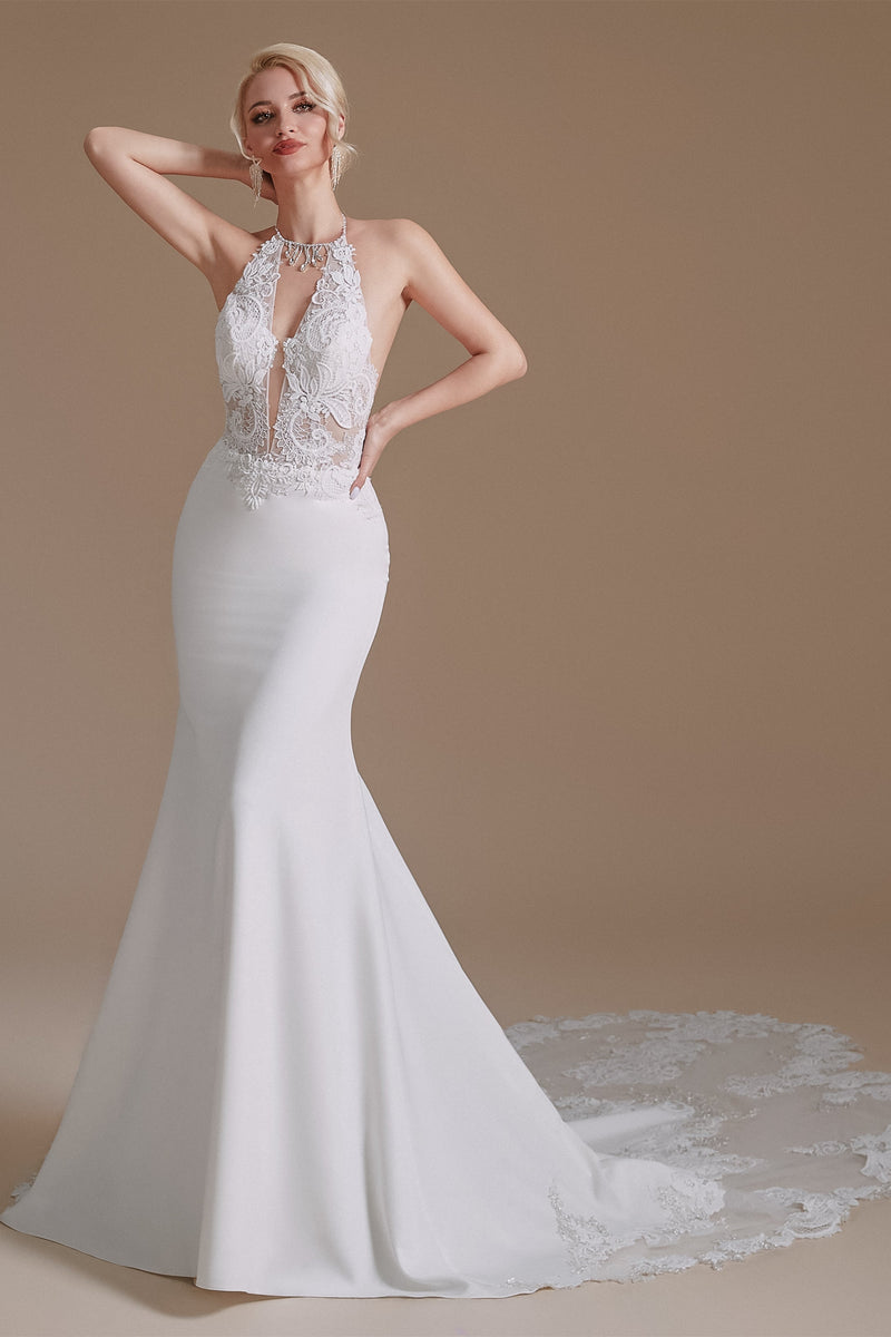 Halter Lace Applique Mermaid Wedding Dress | Showprettydress Design-showprettydress