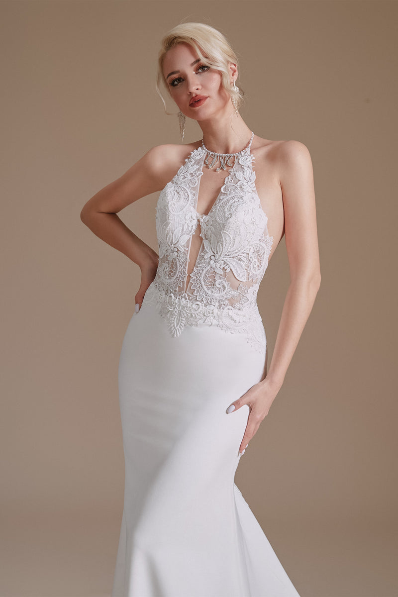 Halter Lace Applique Mermaid Wedding Dress | Showprettydress Design-showprettydress