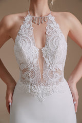 Halter Lace Applique Mermaid Wedding Dress | Showprettydress Design-showprettydress