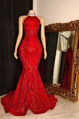 Halter Lace-up Sequins Floor Length Red Mermaid Prom Dresses-showprettydress