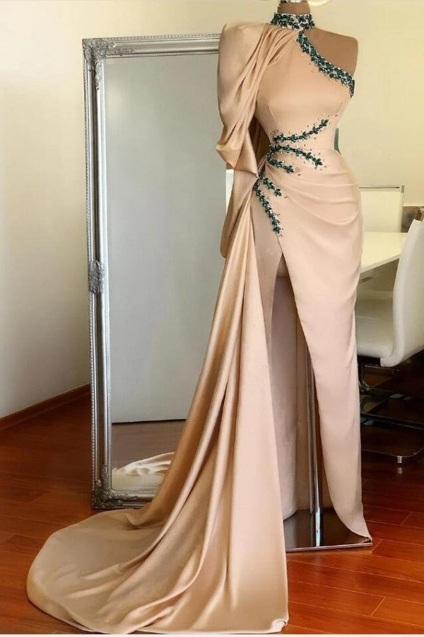 Halter Mermaid Evening Gown with Cape One Shoulder Front Split Prom Party Gowns-showprettydress