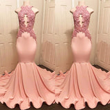 Halter Pink Lace Prom Party Gowns| Mermaid Formal Dresses-showprettydress