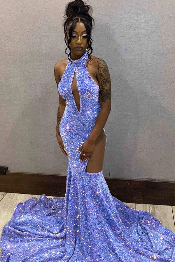 Halter Sequin Lavender Keyhole Mermaid Prom Dresses with Cutout-showprettydress