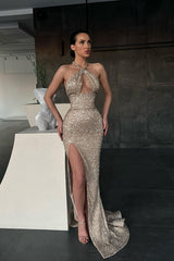 Halter Sequins Mermaid Prom Dress Sleeveless With Slit-showprettydress