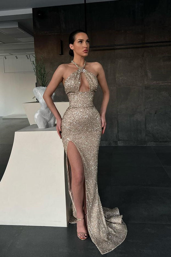 Halter Sequins Mermaid Prom Dress Sleeveless With Slit-showprettydress
