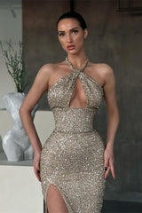 Halter Sequins Mermaid Prom Dress Sleeveless With Slit-showprettydress