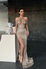 Halter Sequins Mermaid Prom Dress Sleeveless With Slit-showprettydress