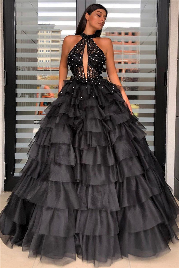Halter Sleeveless Ball Gown Dress Elegant Floor Length Formal Gowns-showprettydress