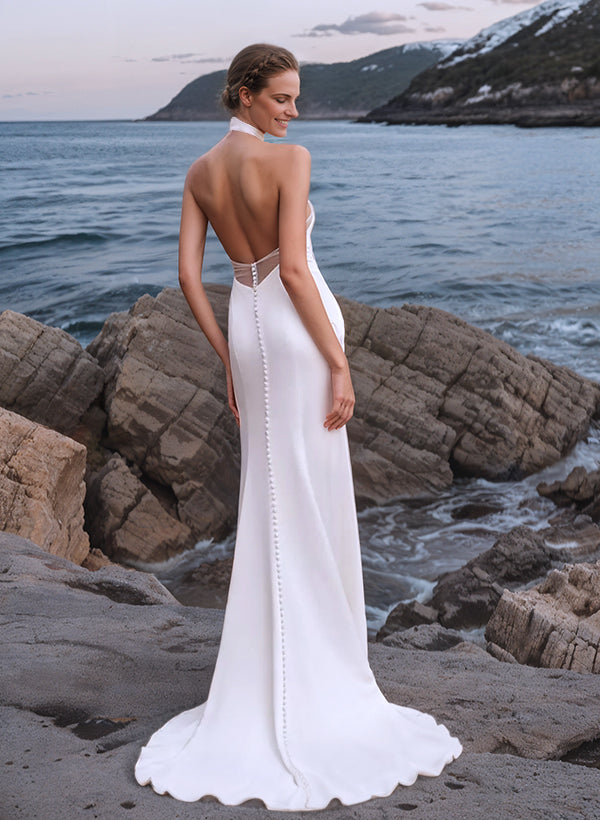 Halter Sleeveless Silk Like Satin Sheath Fitted Wedding Dresses Split Front-Showprettydress
