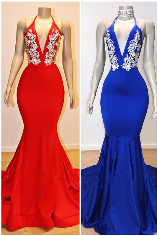 Halter V-neck Appliques Mermaid Long Eveing Gowns-showprettydress
