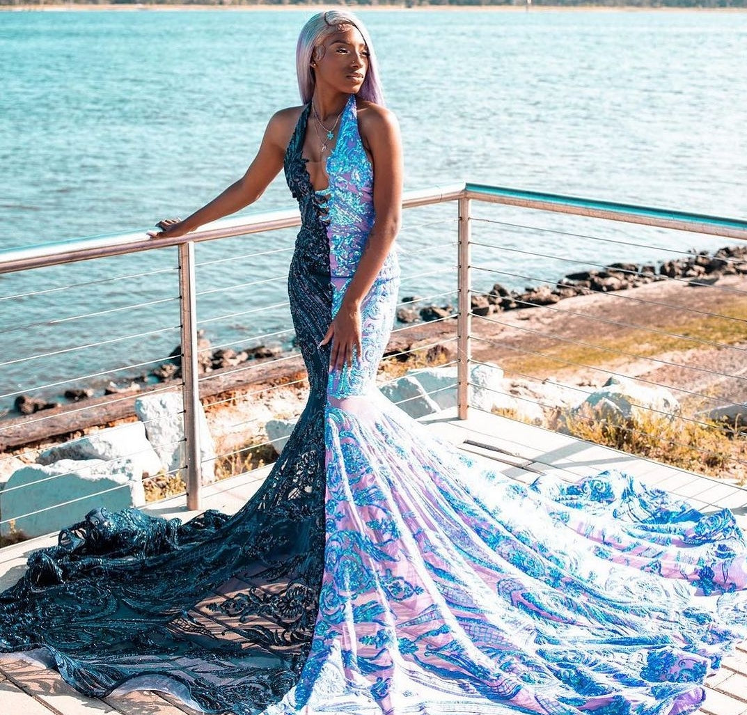 Halter V-neck Sleeveless Court Train Half Navy Blue Prom Dresses-showprettydress