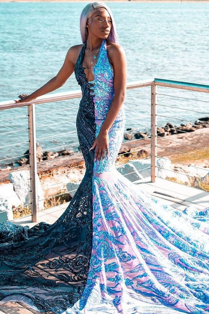 Halter V-neck Sleeveless Court Train Half Navy Blue Prom Dresses-showprettydress
