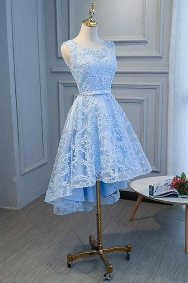 Hi-lo Homecoming Dress Short Sky Blue Sleeveless Floral Appliques A-line Mini Dress-showprettydress