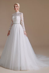 High Collar Lace Applique Long Sleeves Floor Length Wedding Dress | Showprettydress Design-showprettydress