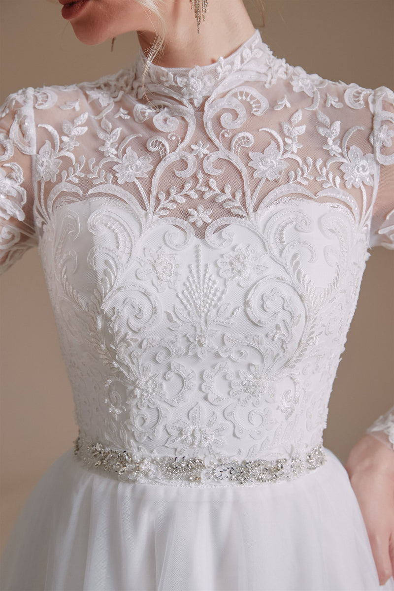 High Collar Lace Applique Long Sleeves Floor Length Wedding Dress | Showprettydress Design-showprettydress