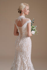 High Collar Lace Long Cap Sleeves Mermaid Wedding Dress | Showprettydress Design-showprettydress