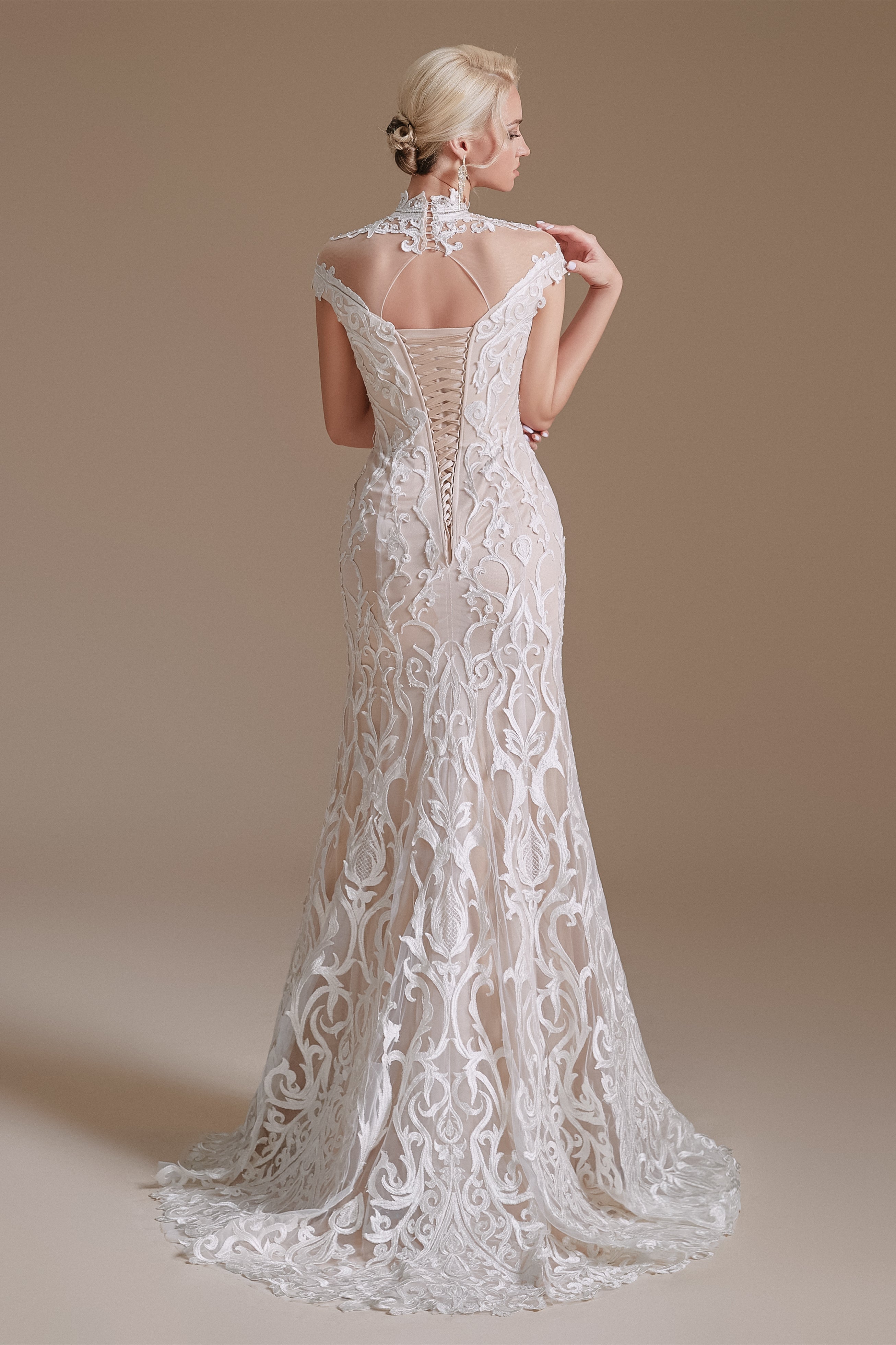 High Collar Lace Long Cap Sleeves Mermaid Wedding Dress | Showprettydress Design-showprettydress