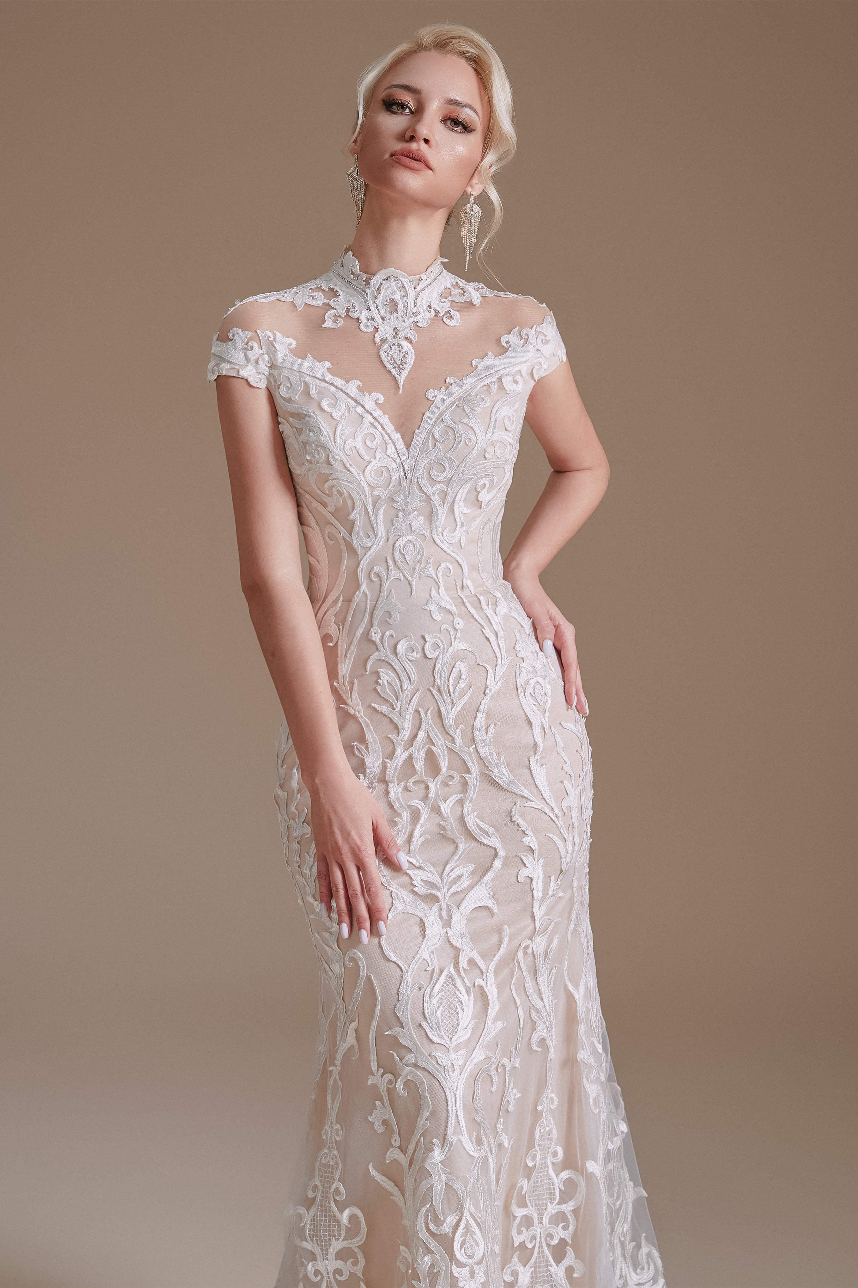 High Collar Lace Long Cap Sleeves Mermaid Wedding Dress | Showprettydress Design-showprettydress