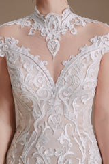 High Collar Lace Long Cap Sleeves Mermaid Wedding Dress | Showprettydress Design-showprettydress