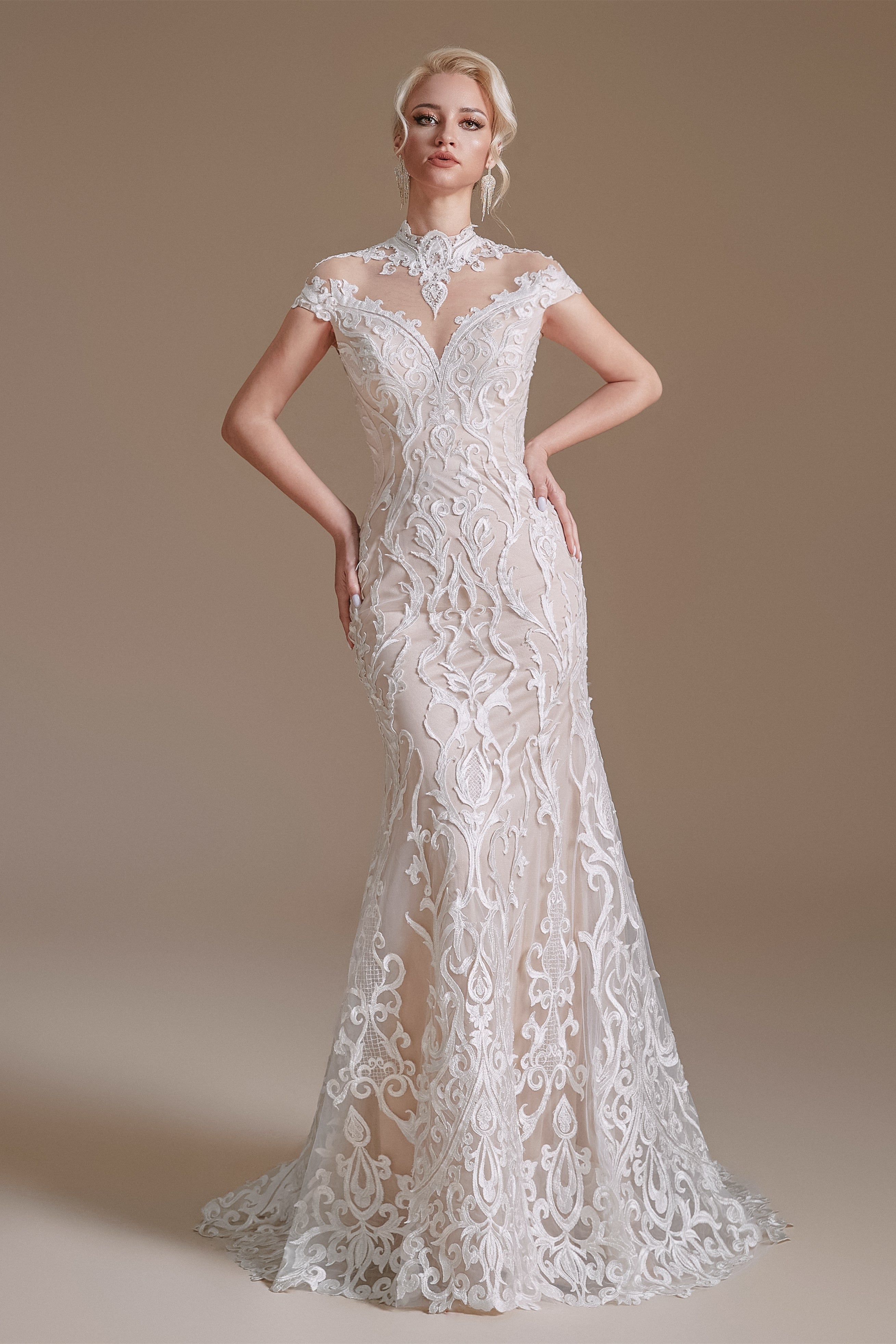 High Collar Lace Long Cap Sleeves Mermaid Wedding Dress | Showprettydress Design-showprettydress