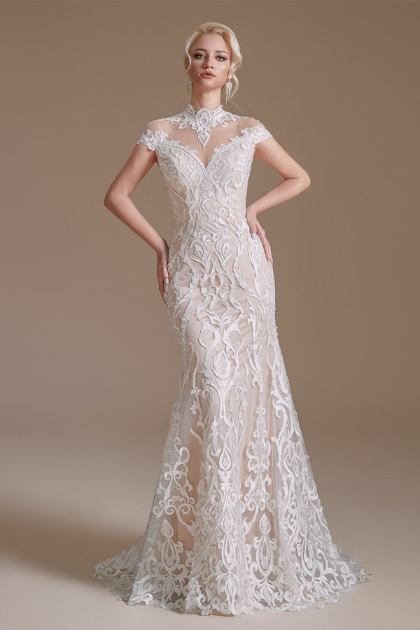 High Collar Lace Long Cap Sleeves Mermaid Wedding Dress | Showprettydress Design-showprettydress