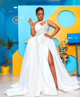 High Fashion One shoulder Keyhole Ball Gown Lace Wedding Dress-showprettydress