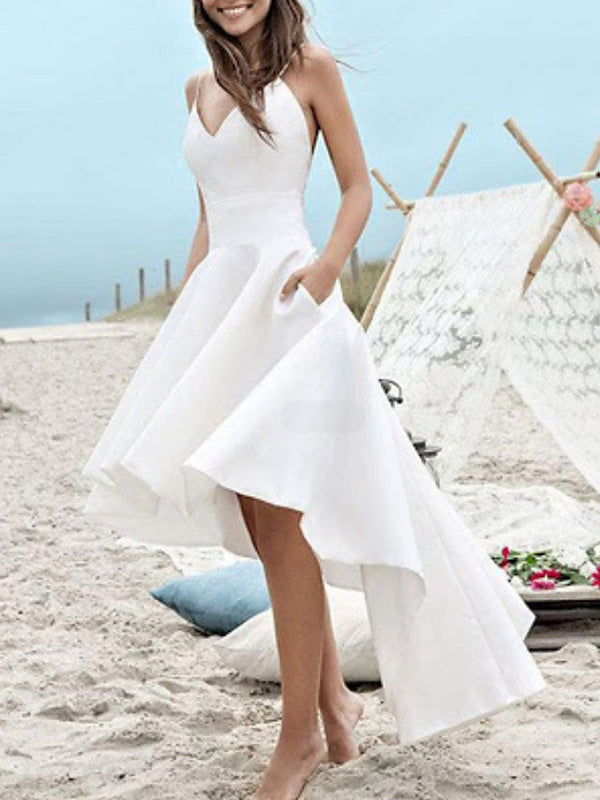 High Low A-Line V Neck Spaghetti Strap Satin Wedding Dresses with Pockets-showprettydress