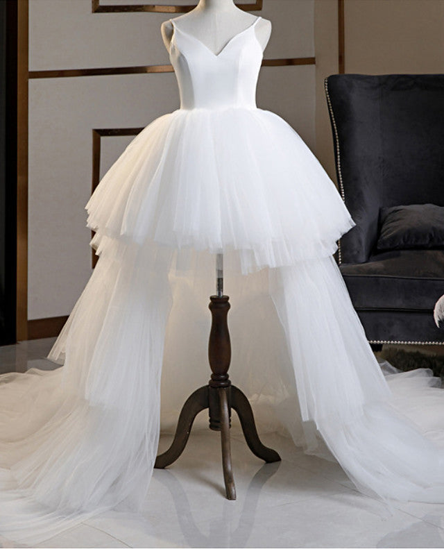 High Low A-Line V Neck Spaghetti Strap Tulle Asymmetrical Wedding Dresses-showprettydress