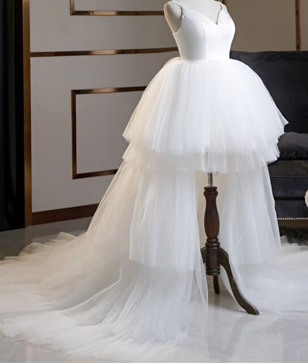 High Low A-Line V Neck Spaghetti Strap Tulle Asymmetrical Wedding Dresses-showprettydress