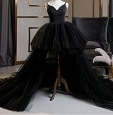 High Low A-Line V Neck Spaghetti Strap Tulle Asymmetrical Wedding Dresses-showprettydress