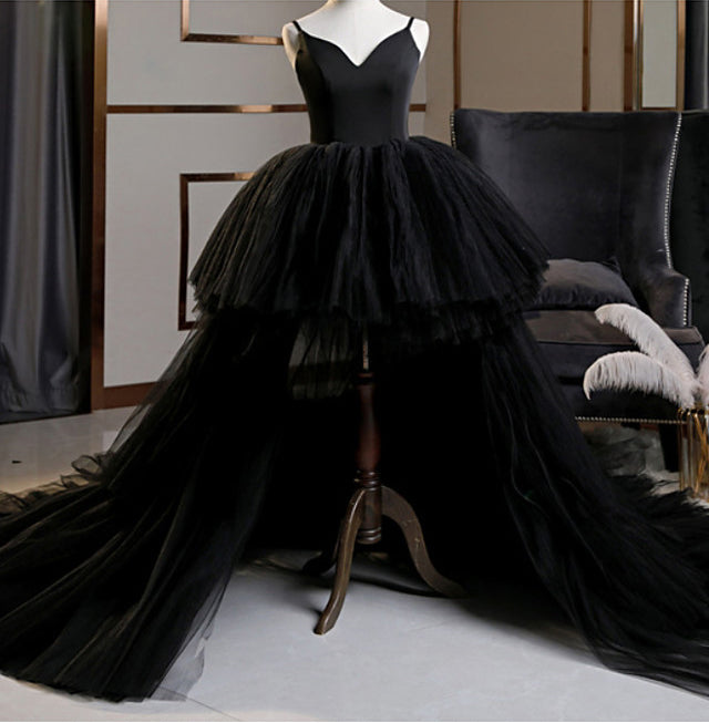High Low A-Line V Neck Spaghetti Strap Tulle Asymmetrical Wedding Dresses-showprettydress