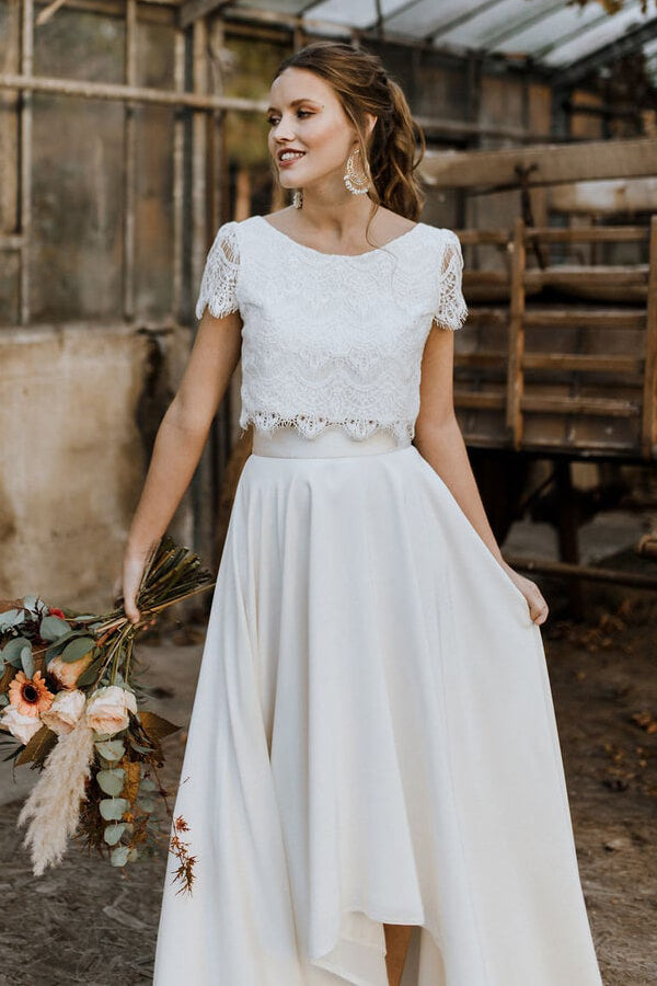 High Low Two Piece Satin Lace Wedding Dress with Sleeves-showprettydress