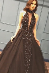 High Neck Black Tulle Chic Prom Dresses New Arrival Sleeveless Beads Sequins Evening Gowns-showprettydress