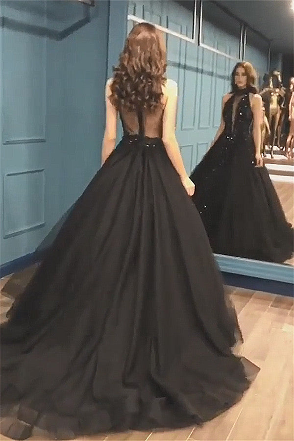 High Neck Black Tulle Chic Prom Dresses New Arrival Sleeveless Beads Sequins Evening Gowns-showprettydress