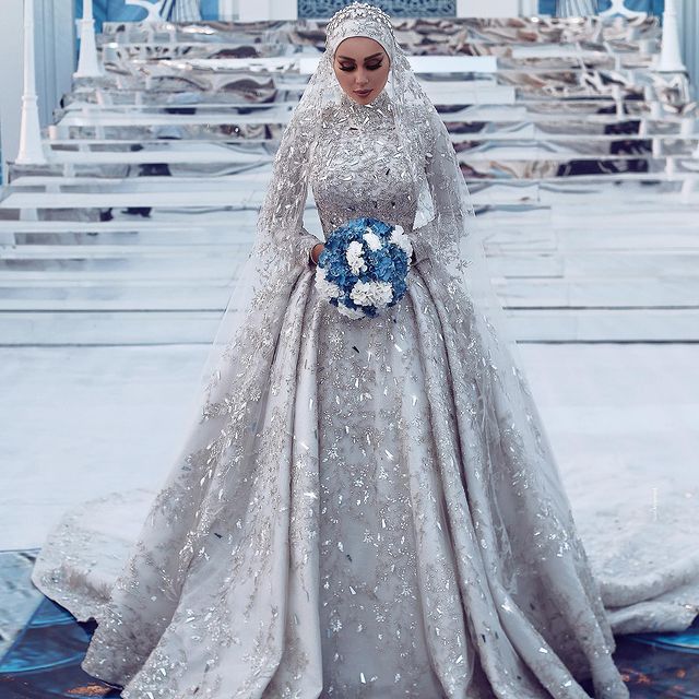 High Neck Crystal Beaded Detachable Train Lace Wedding Dress-showprettydress