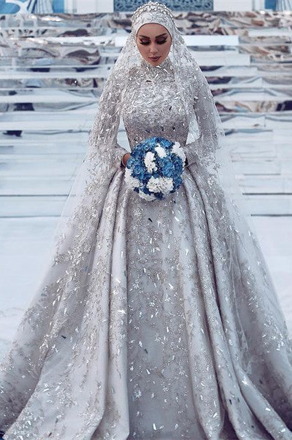 High Neck Crystal Beaded Detachable Train Lace Wedding Dress-showprettydress