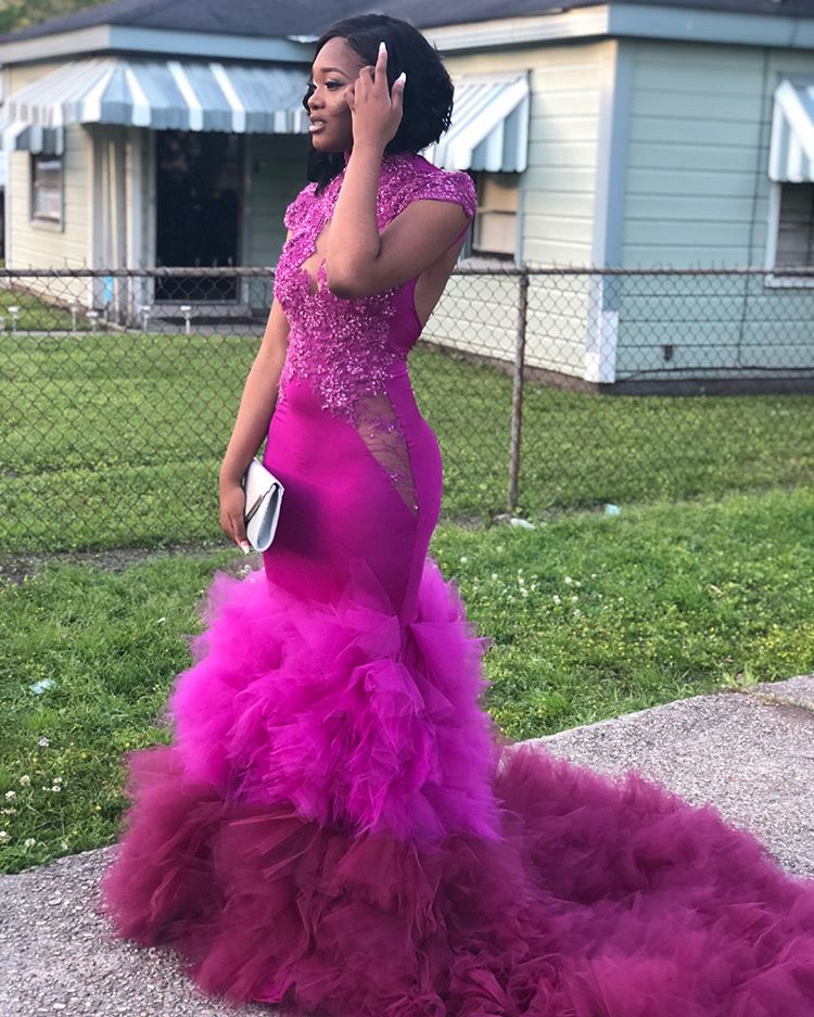High Neck Fit and Flare Beads Appliques Prom Dresses Sheer Tulle Ruffles Train Evening Gowns-showprettydress