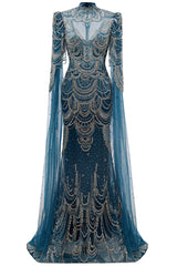 High neck Ink Blue Long sleeves Beaded Mermaid Evening Dresses-showprettydress