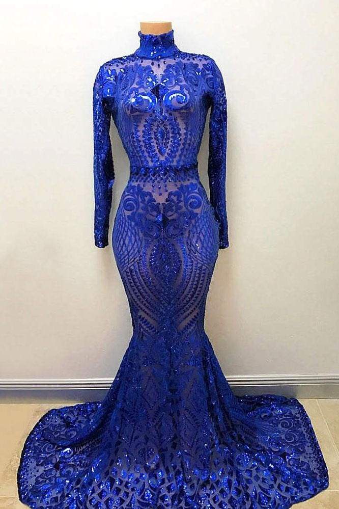 High Neck Long Sleevess Crystal Beading Appliques Mermaid Evening Gowns-showprettydress