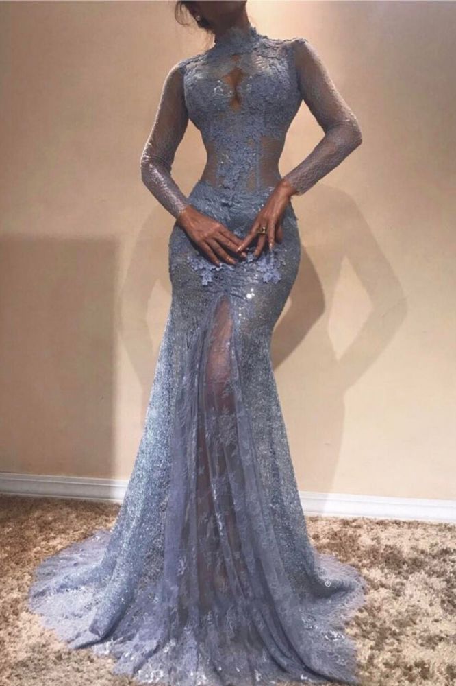 High Neck Long Sleevess Lace Appliques Mermaid Prom Dresses-showprettydress